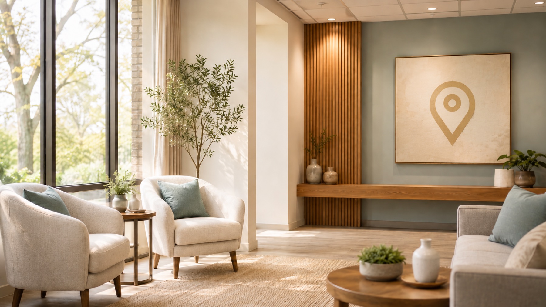 A calm, sunlit CARE Counseling waiting room