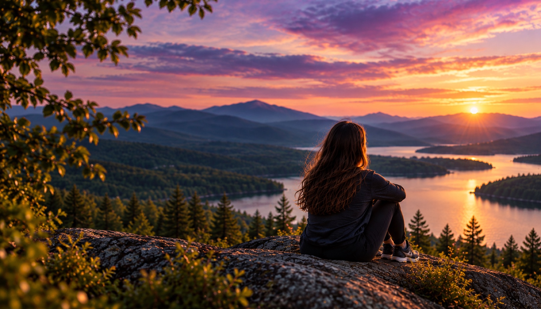 A woman sitting on a rock at sunset, looking out over New Hampshire lakes and mountains