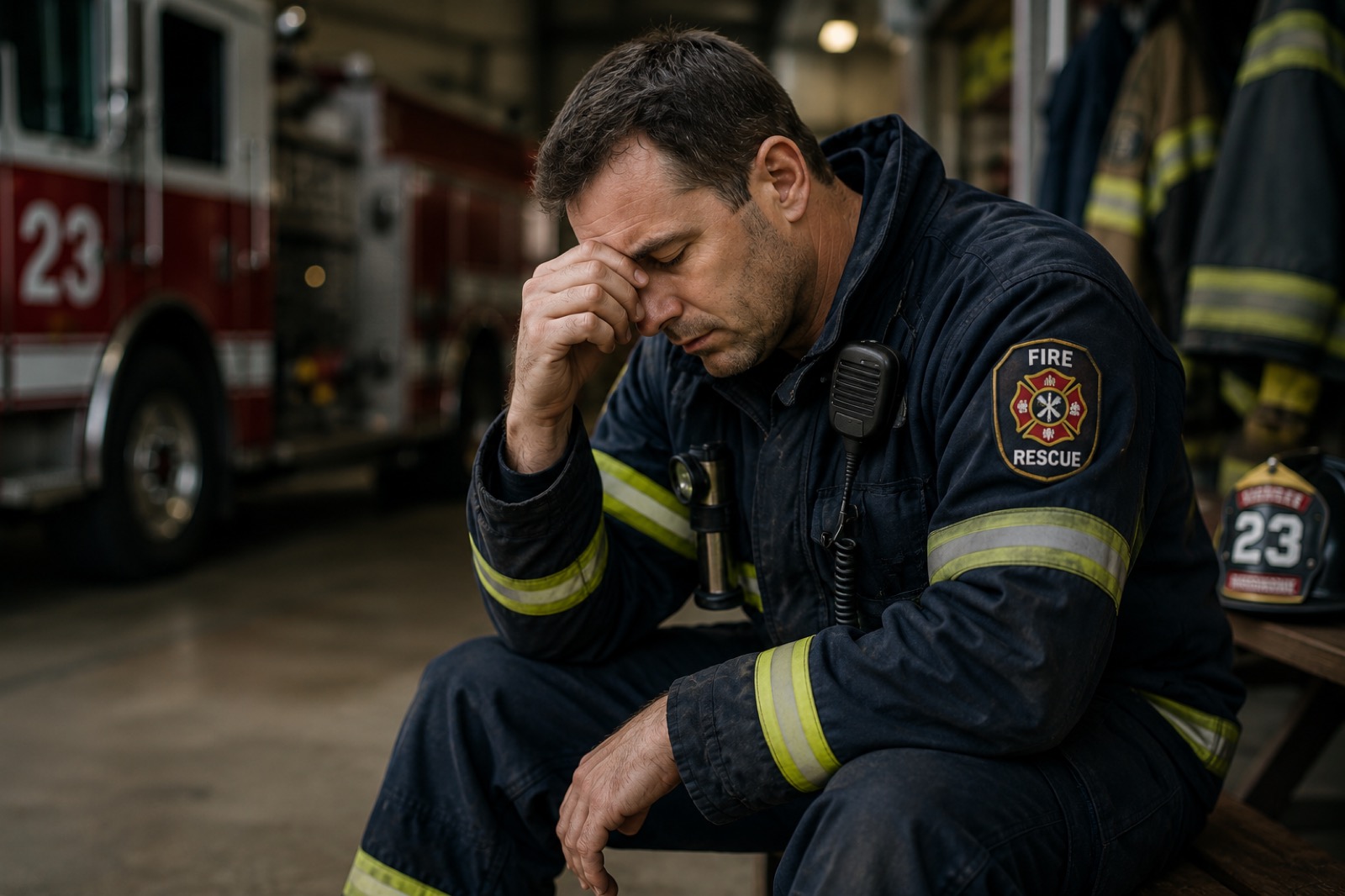 A first responder taking a quiet moment, representing confidential support